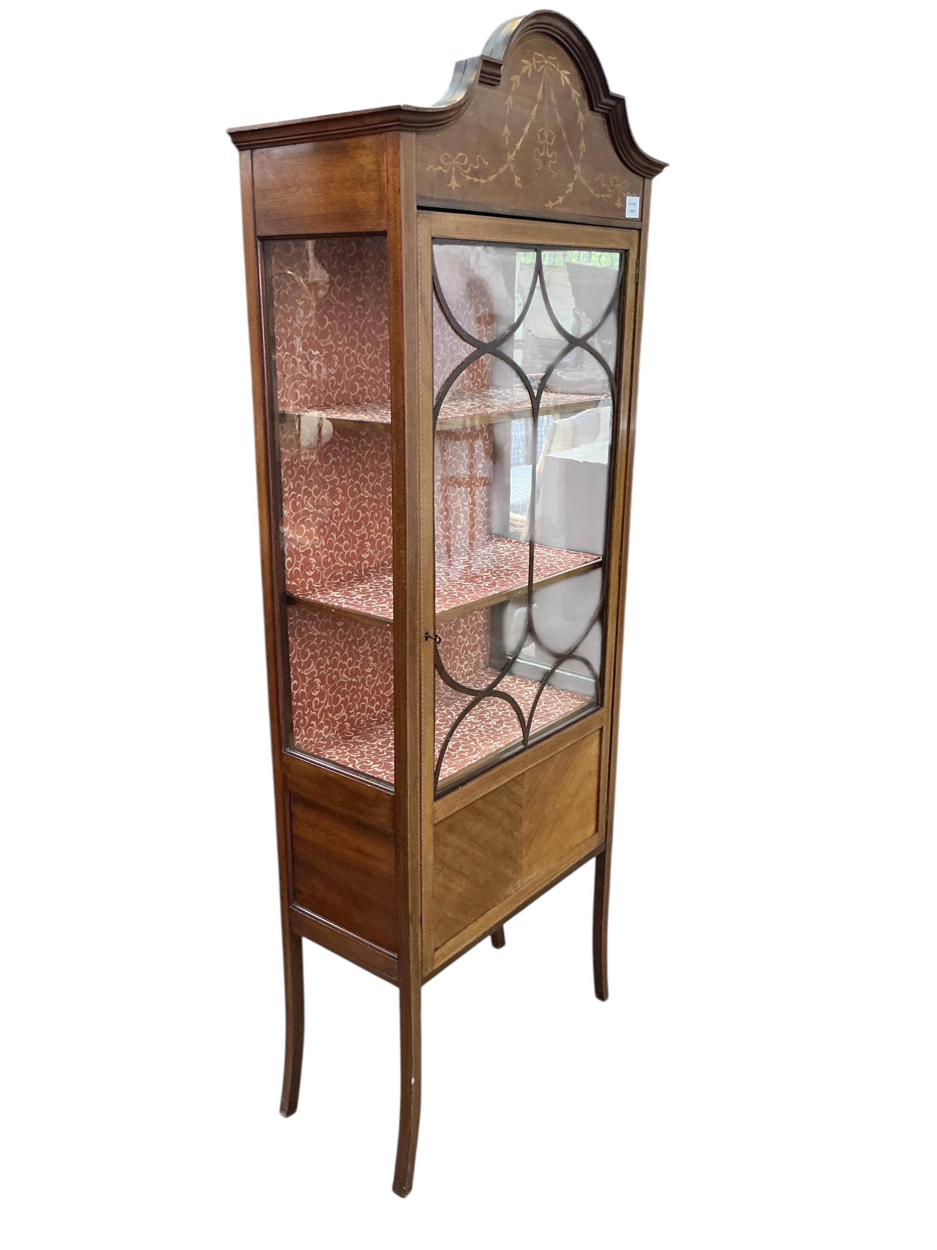 An Edwardian inlaid mahogany display cabinet, width 67cm, depth 33cm, height 184cm